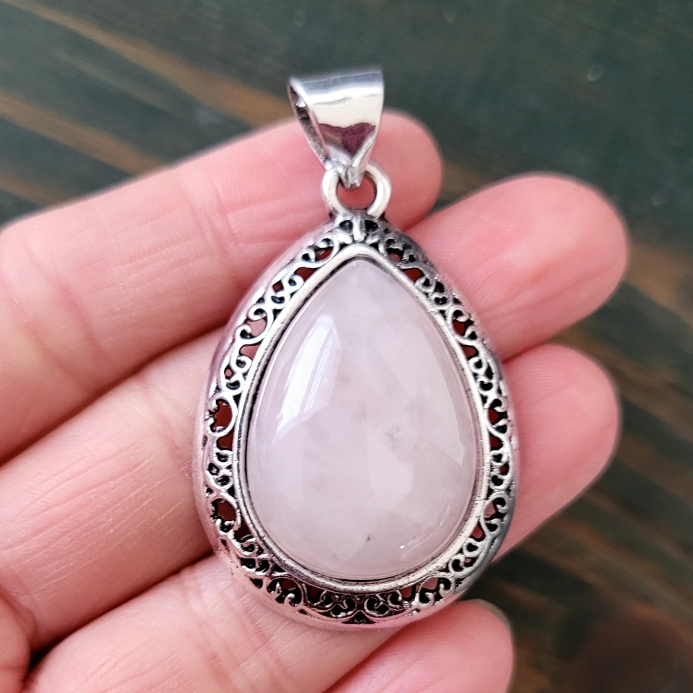 Silver plated natural Rose Quartz gemstone teardrop pendant